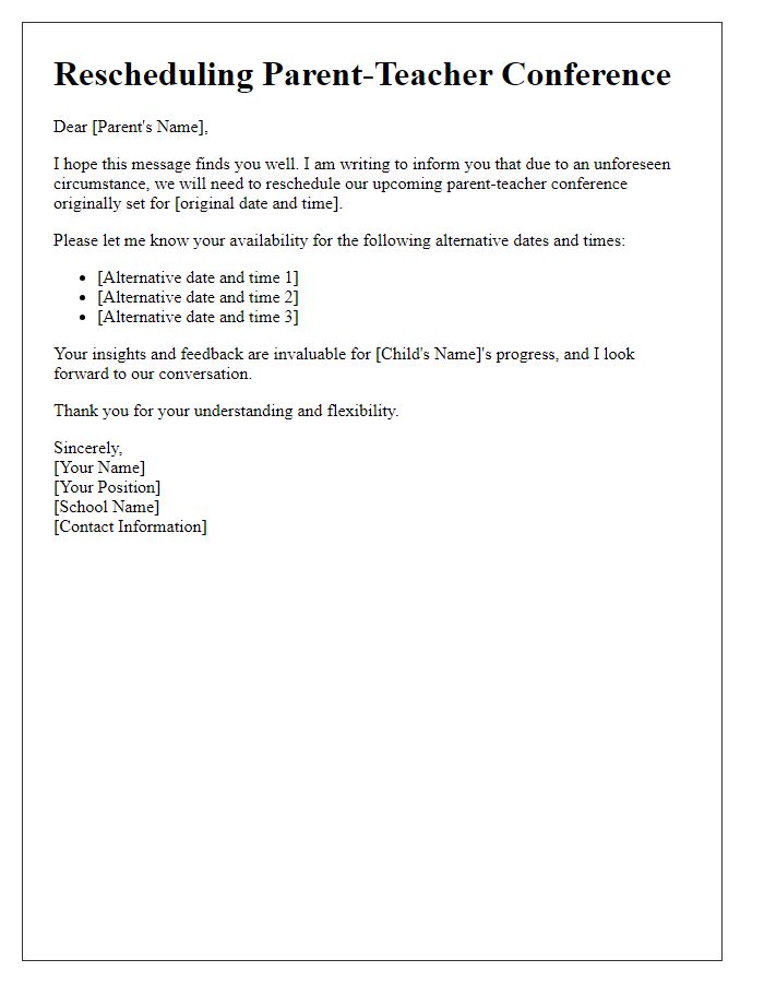 Letter template of rescheduling parent-teacher conference