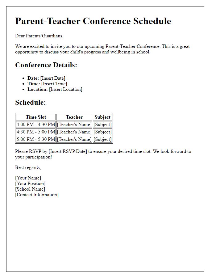 Letter template of schedule for parent-teacher conference