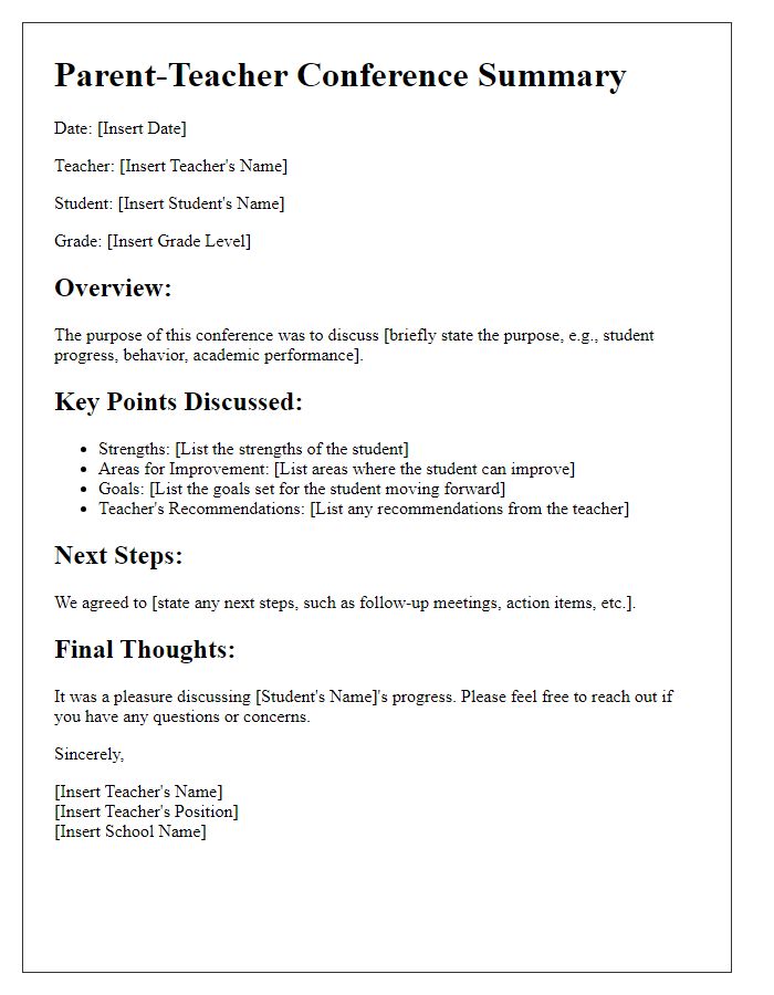 Letter template of summary of parent-teacher conference