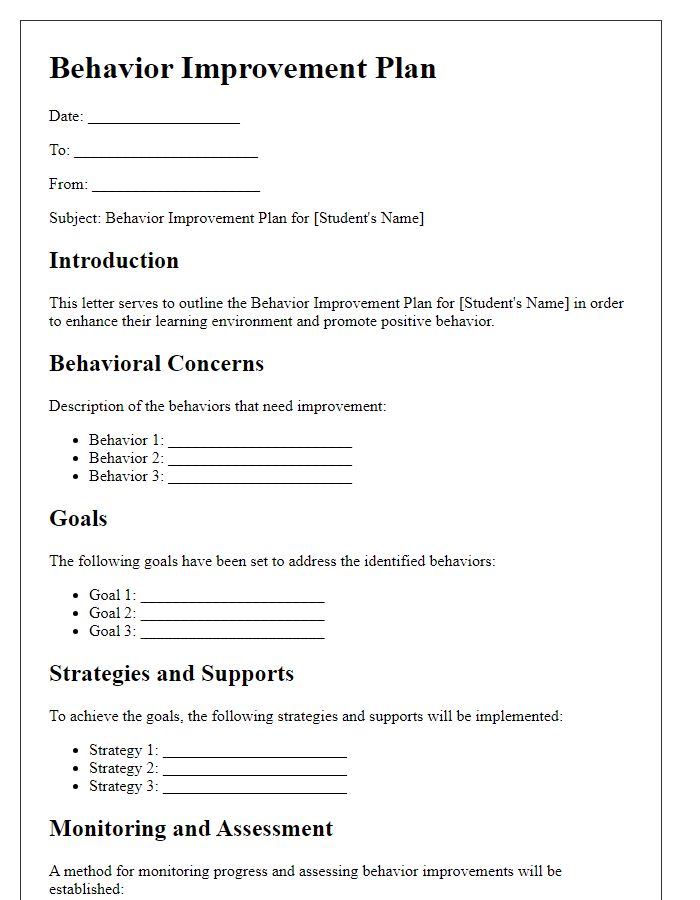 Letter template of behavior improvement plan