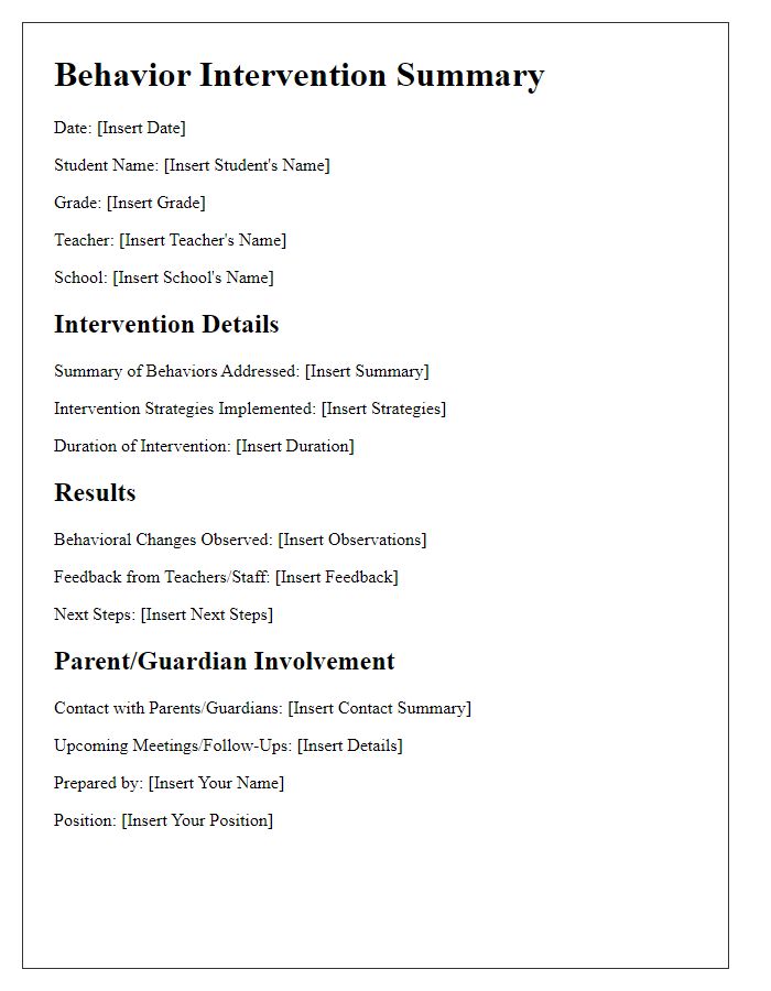 Letter template of behavior intervention summary