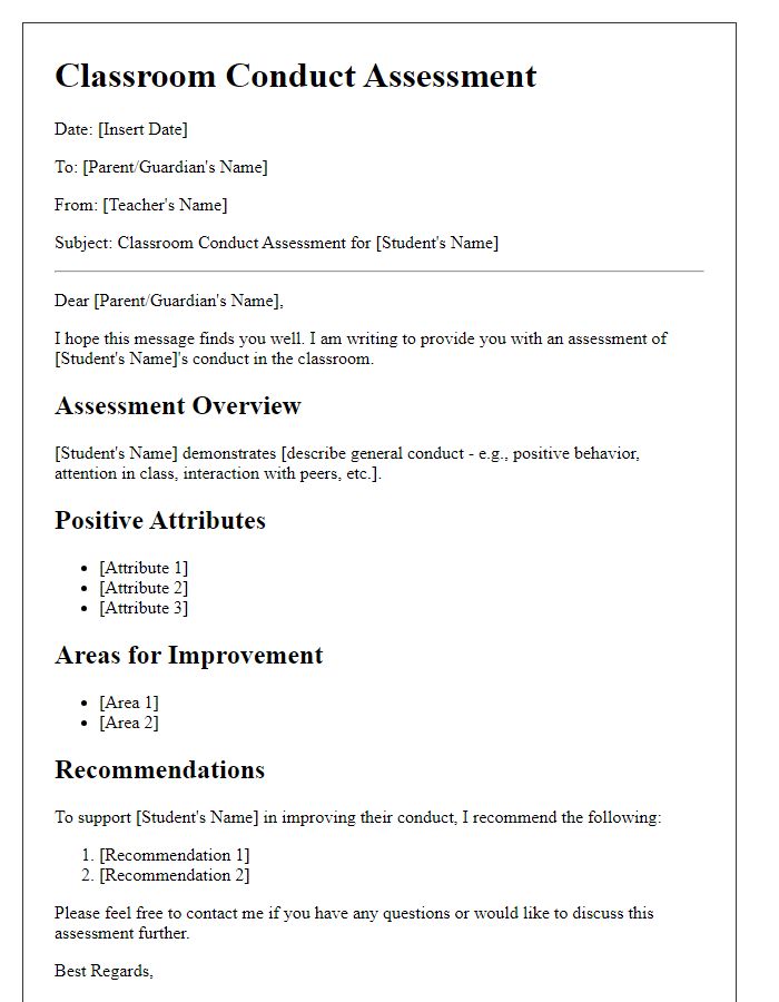 Letter template of classroom conduct assessment