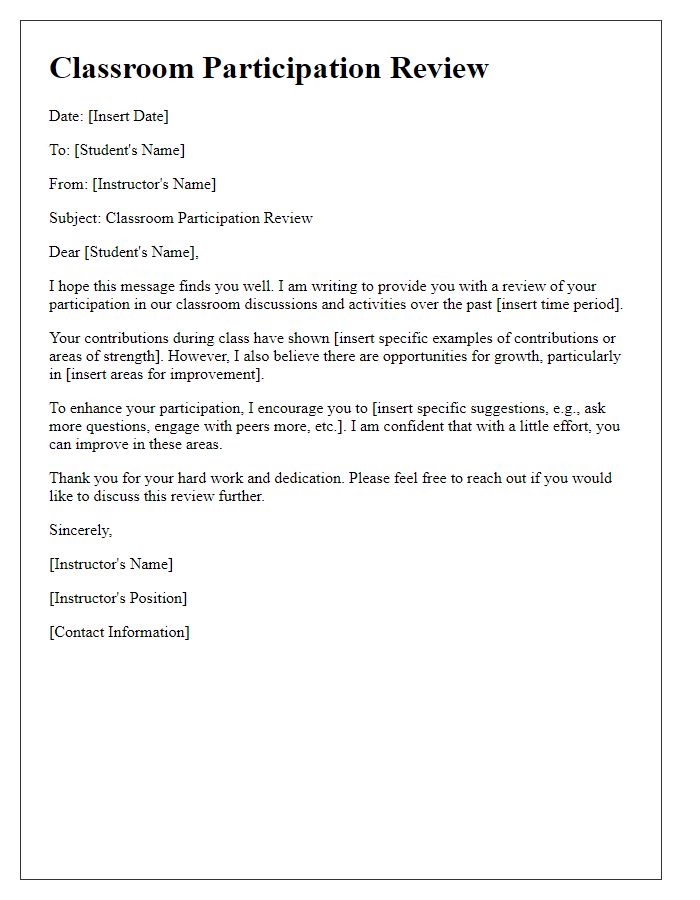 Letter template of classroom participation review