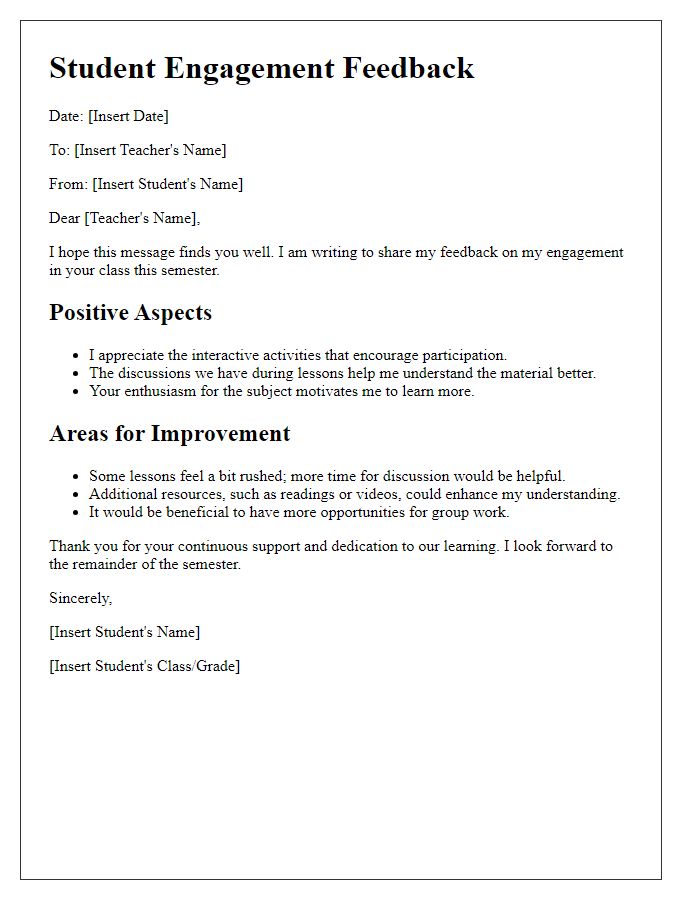 Letter template of student engagement feedback