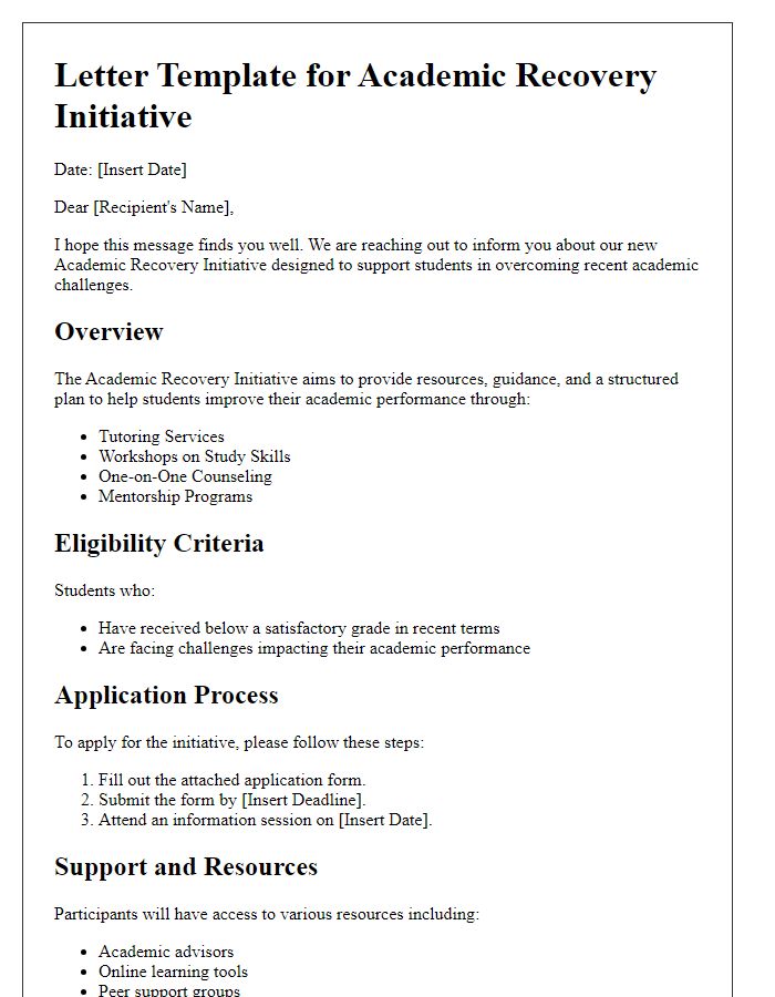 Letter template of academic recovery initiative outline