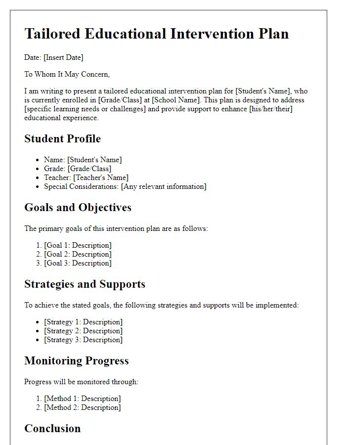 Letter template of tailored educational intervention plan