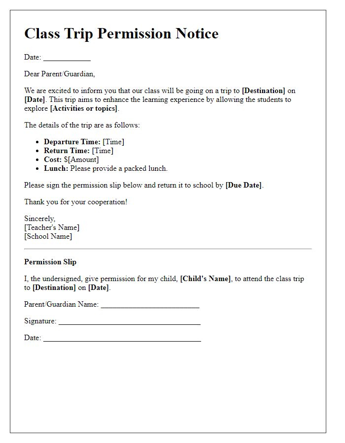 Letter template of class trip permission notice