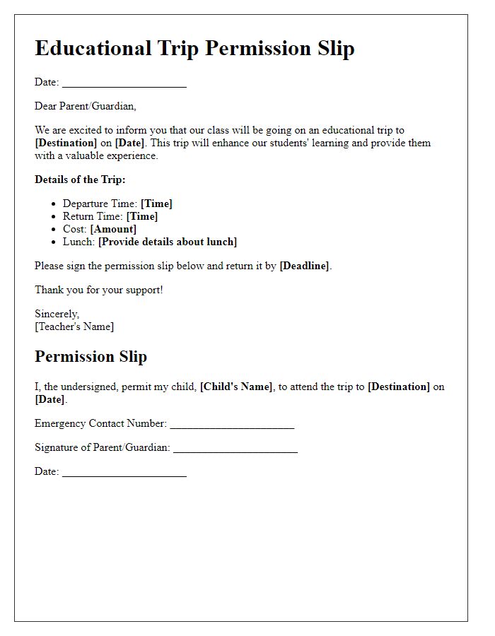 Letter template of educational trip permission slip