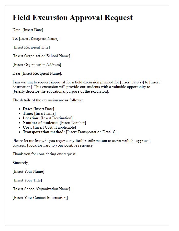 Letter template of field excursion approval request