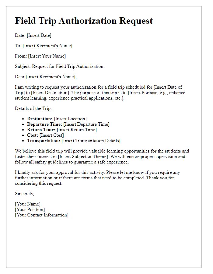 Letter template of field trip authorization request