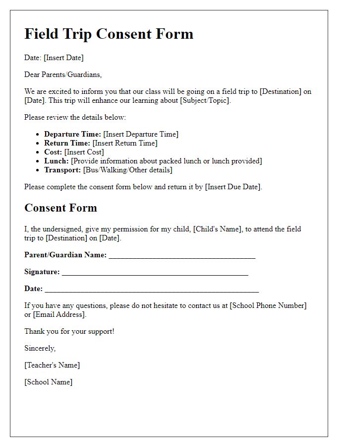 Letter template of field trip consent for parents