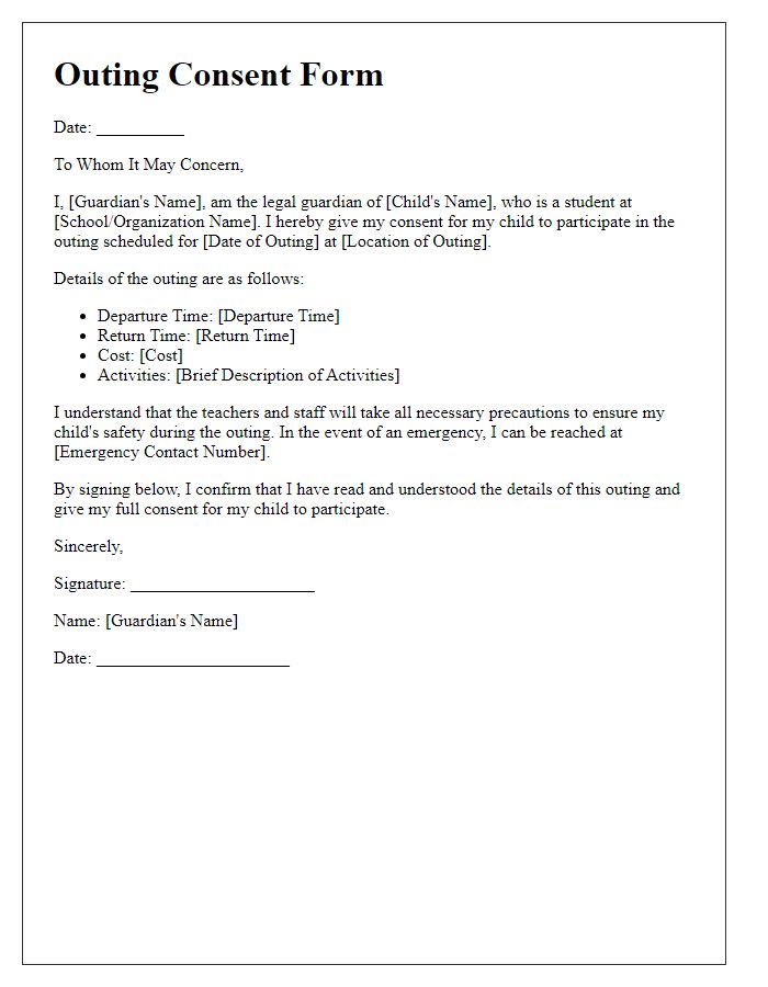 Letter template of outing consent form for guardians