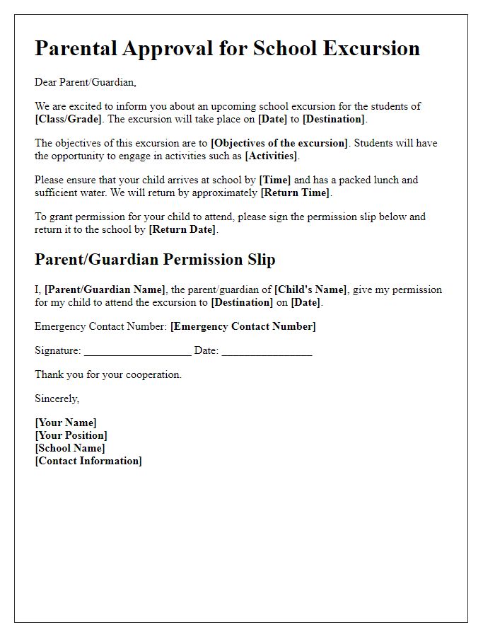 Letter template of school excursion parental approval