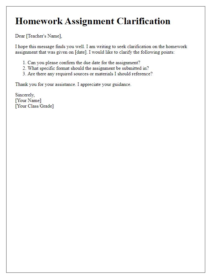 Letter template of homework assignment clarification