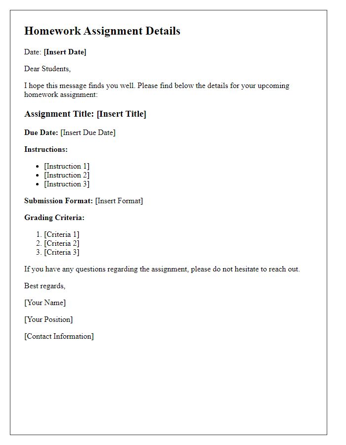 Letter template of homework assignment details