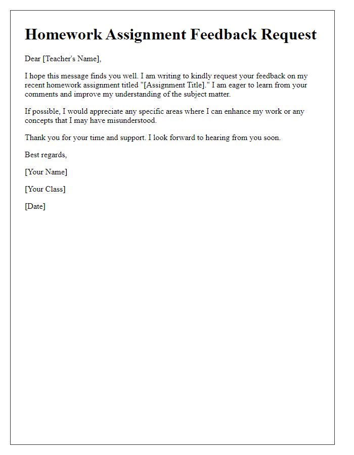 Letter template of homework assignment feedback request