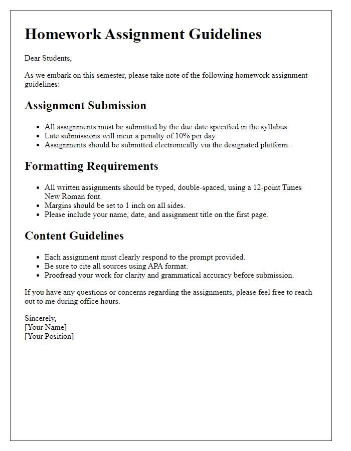 Letter template of homework assignment guidelines