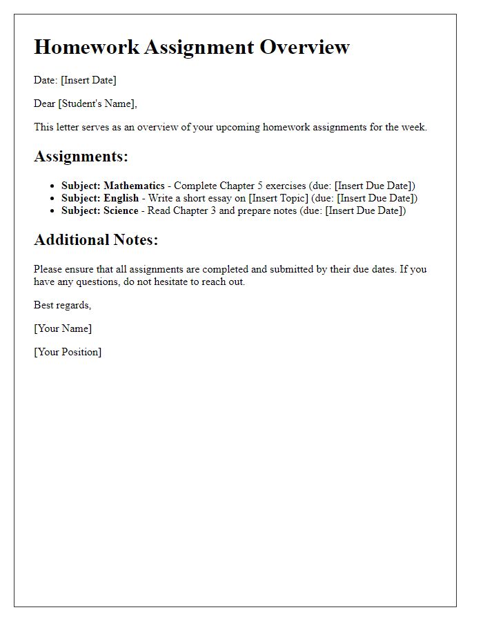 Letter template of homework assignment overview