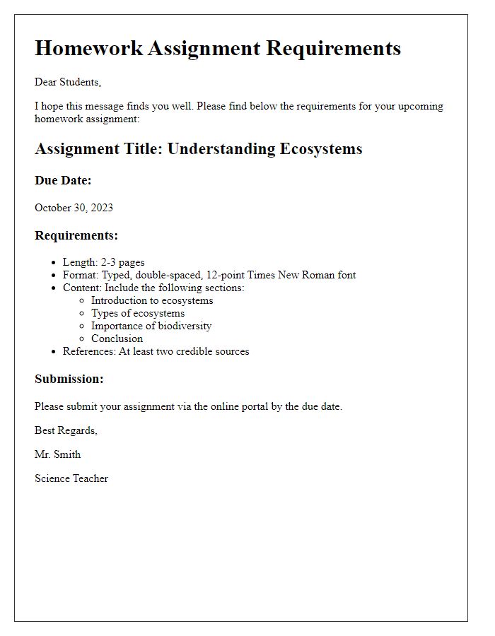 Letter template of homework assignment requirements