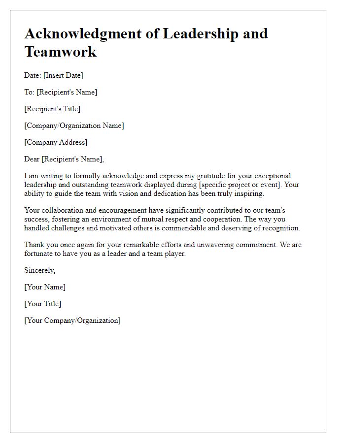 Letter template of acknowledgment for leadership and teamwork