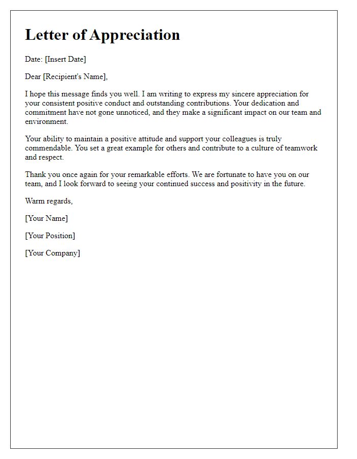 Letter template of appreciation for consistent positive conduct