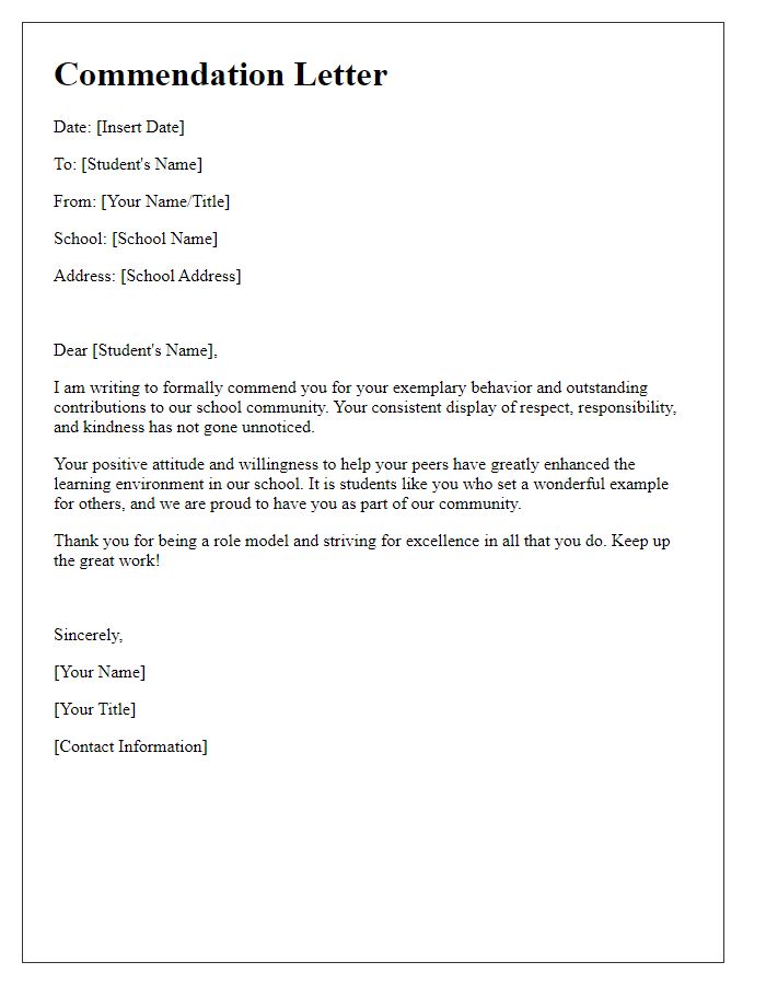 Letter template of commendation for exemplary student behavior