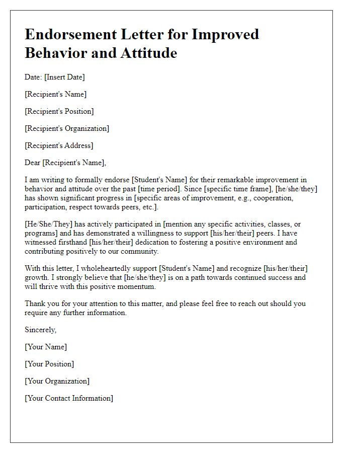 Letter template of endorsement for improved behavior and attitude