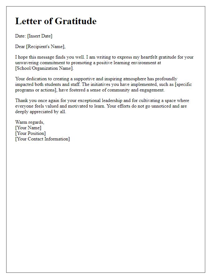 Letter template of gratitude for promoting a positive learning environment