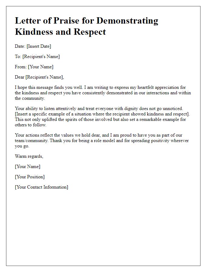 Letter template of praise for demonstrating kindness and respect