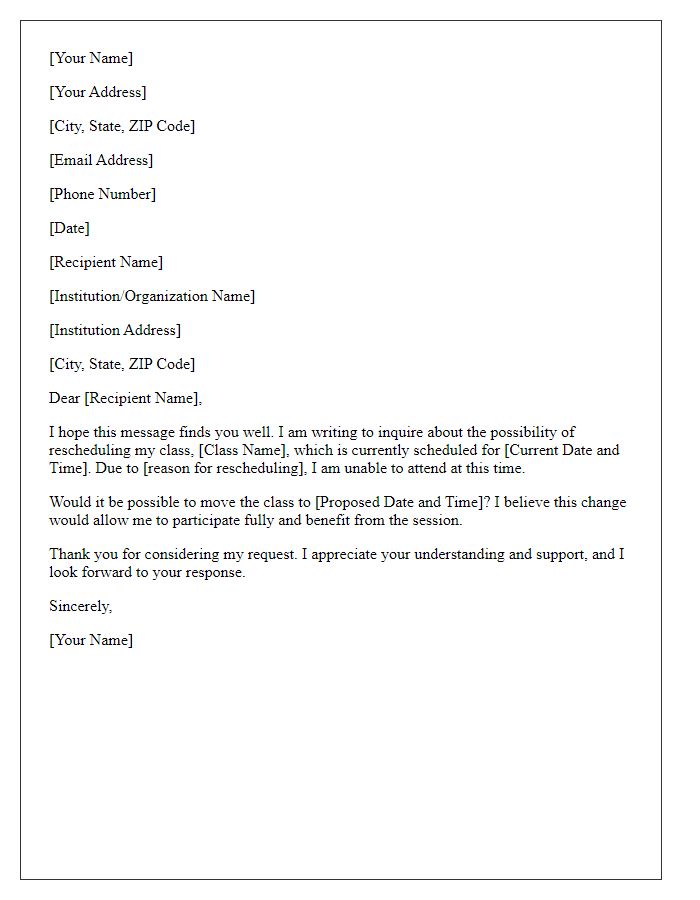 Letter template of inquiry regarding class rescheduling