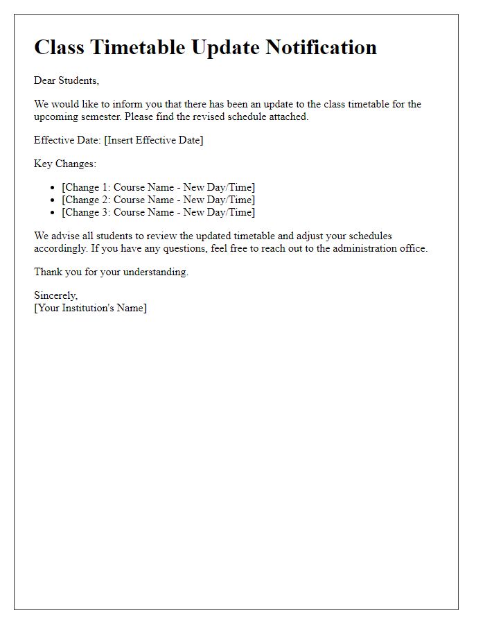 Letter template of notification for class timetable update