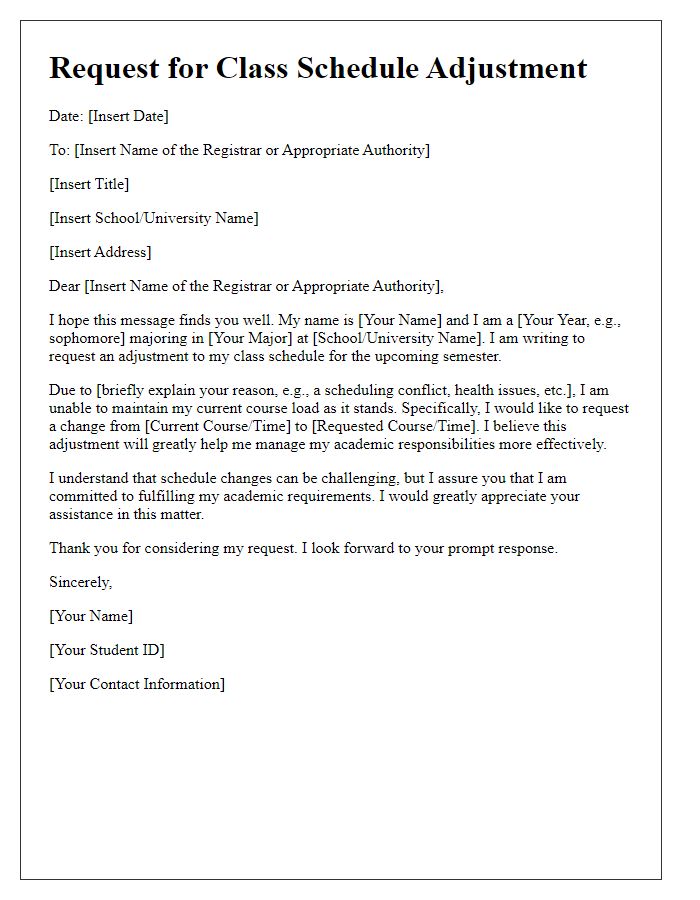 Letter template of request for class schedule adjustment