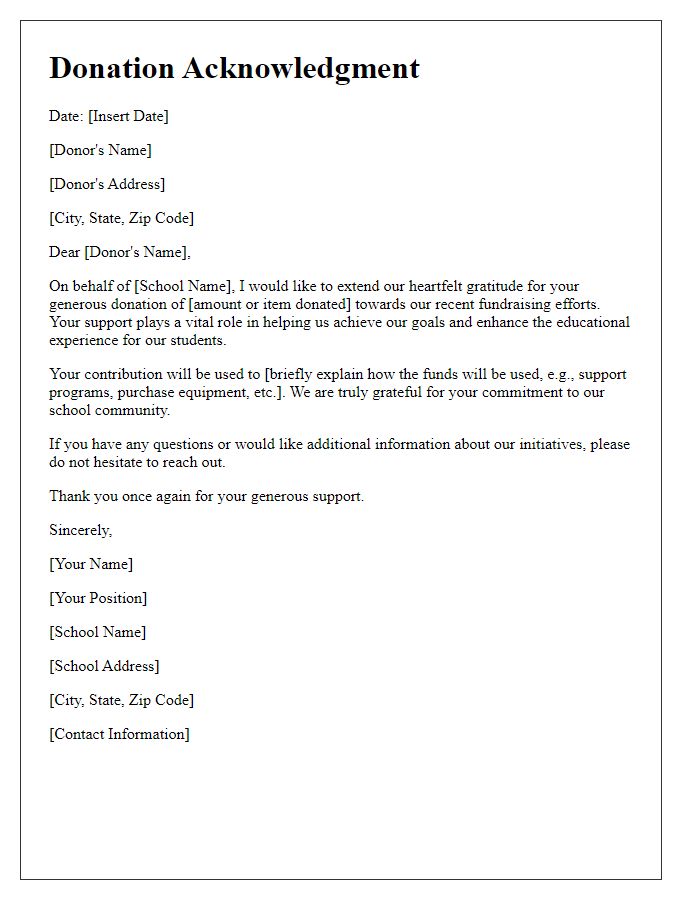 Letter template of donation acknowledgment for school fundraising