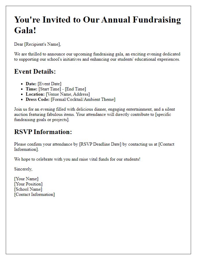 Letter template of event details for school fundraising gala