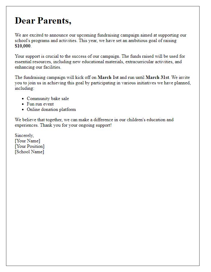 Letter template of fundraising goal announcement for parents