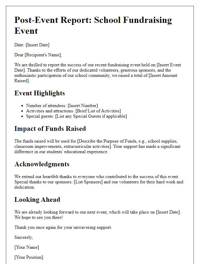 Letter template of post-event report for school fundraising success