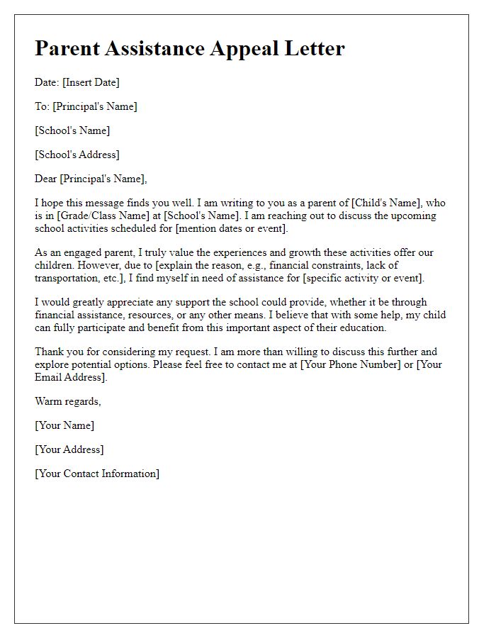 Letter template of parent assistance appeal for school activities