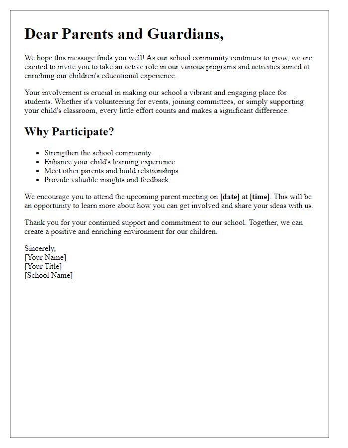 Letter template of parent participation encouragement for school programs