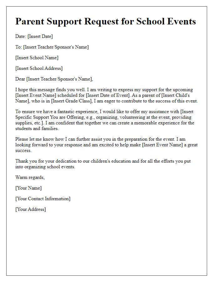 Letter template of parent support request for school events