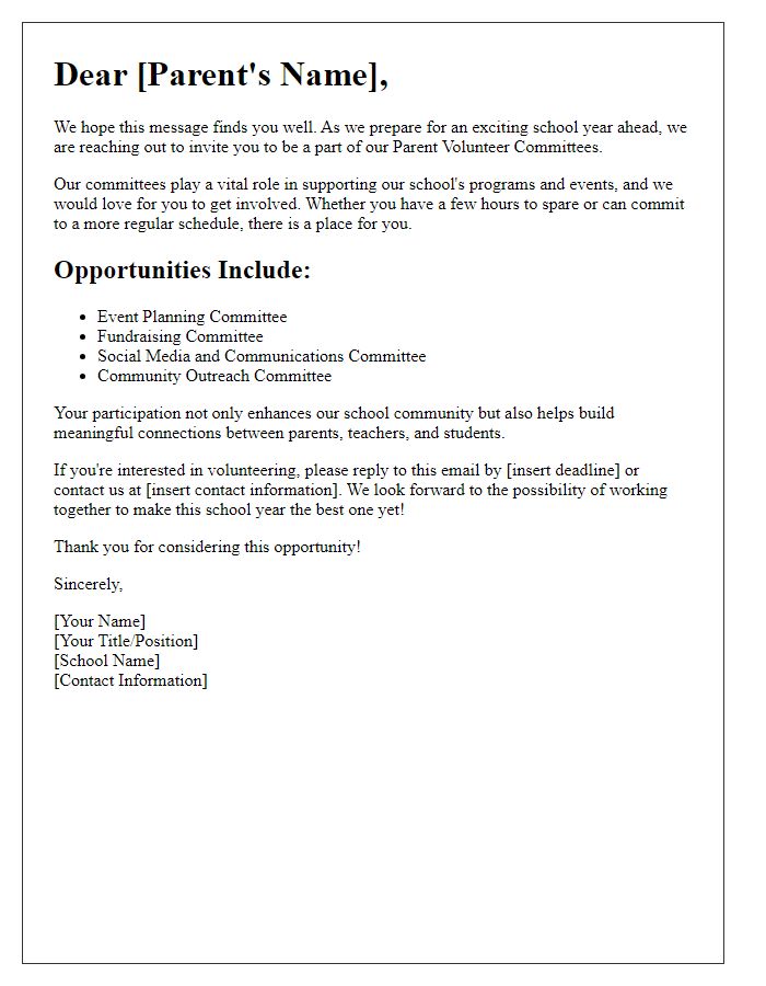 Letter template of parent volunteers recruitment for committees