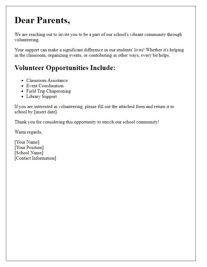 Letter template of volunteer sign-up appeal for parents