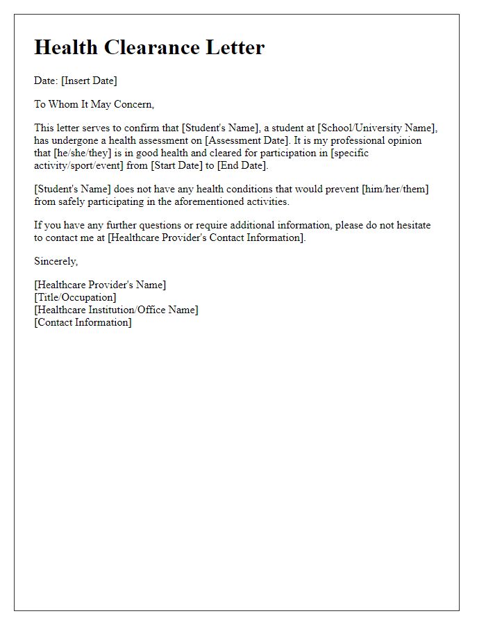 Letter template of student health clearance for participation