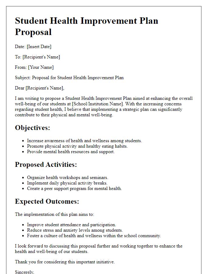 Letter template of student health improvement plan proposal