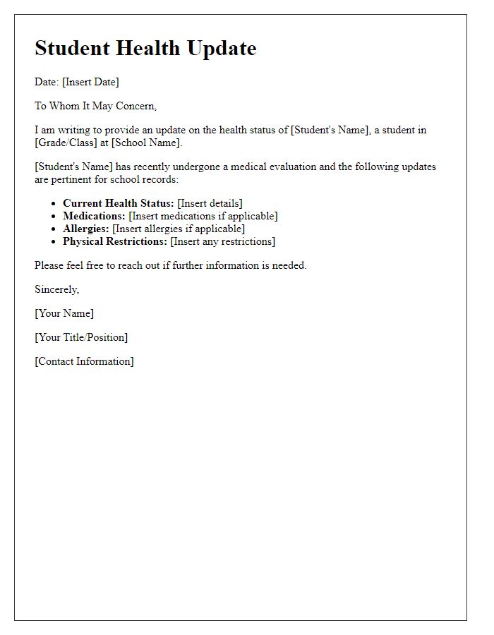 Letter template of student health update for records