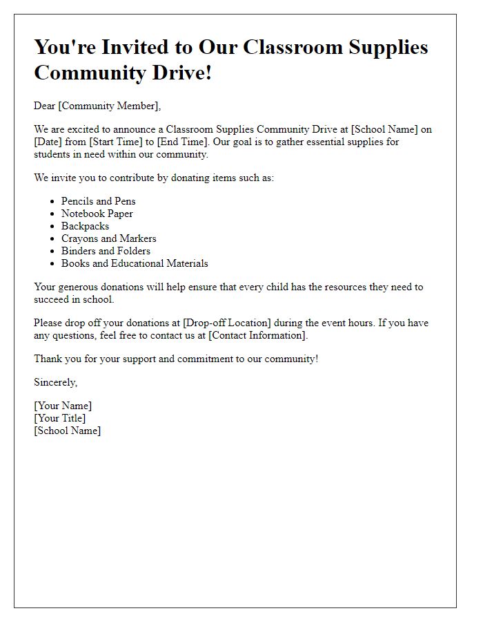 Letter template of classroom supplies community drive invitation