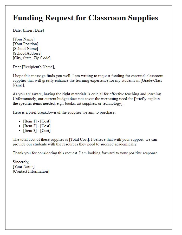 Letter template of classroom supplies funding request