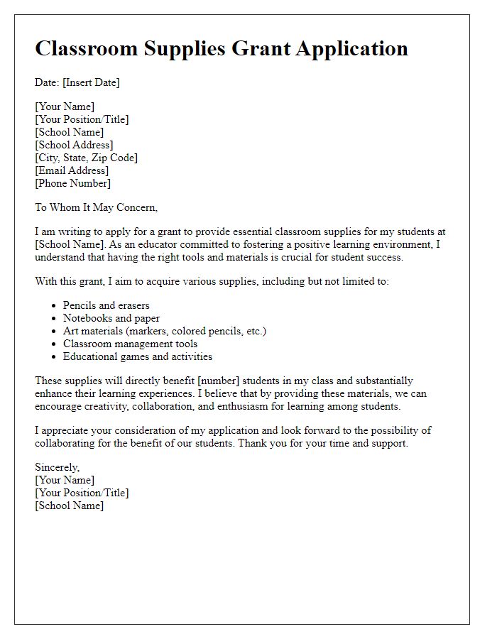 Letter template of classroom supplies grant application