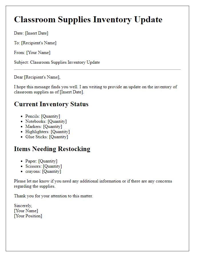 Letter template of classroom supplies inventory update