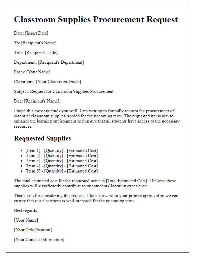 Letter template of classroom supplies procurement request