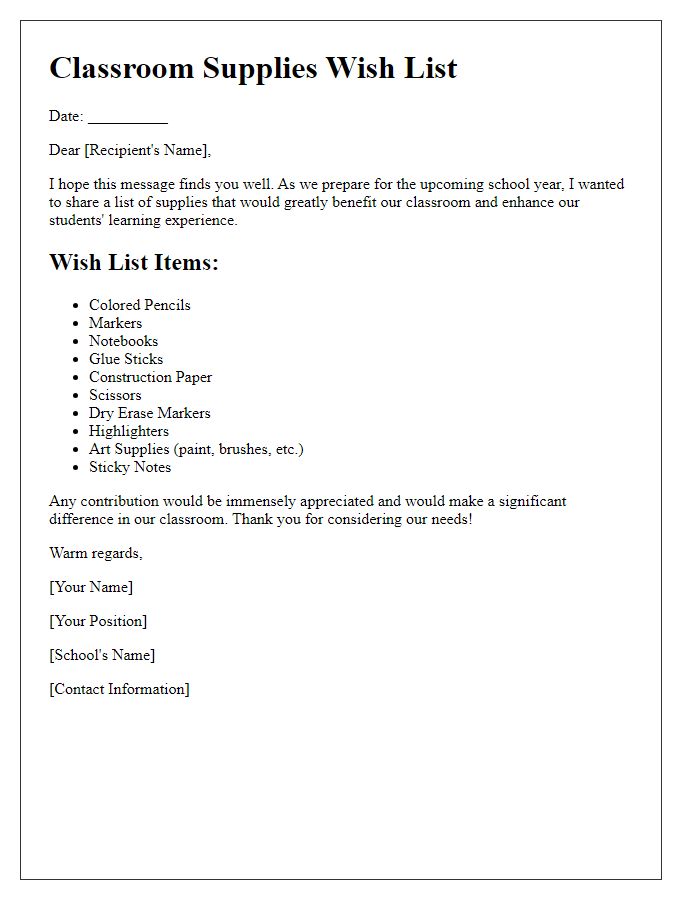 Letter template of classroom supplies wish list